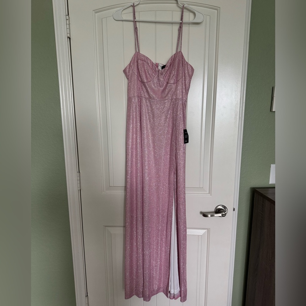Lulu's Pink and Silver Spaghetti Strap Maxi Gown